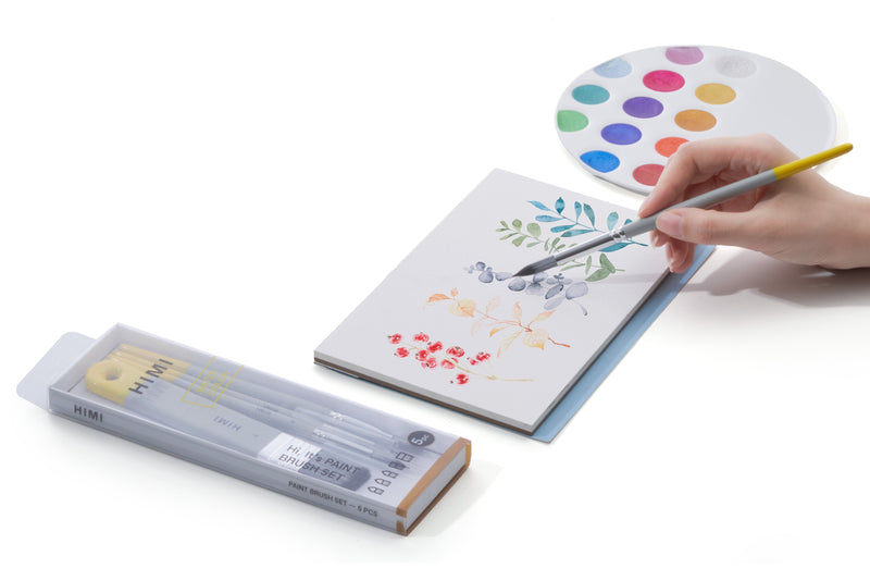 5pcs Artist Watercolour Brush Set by Himi-  3x round + 1 flat + 1 broad flat brush high quality Nylon Bristles