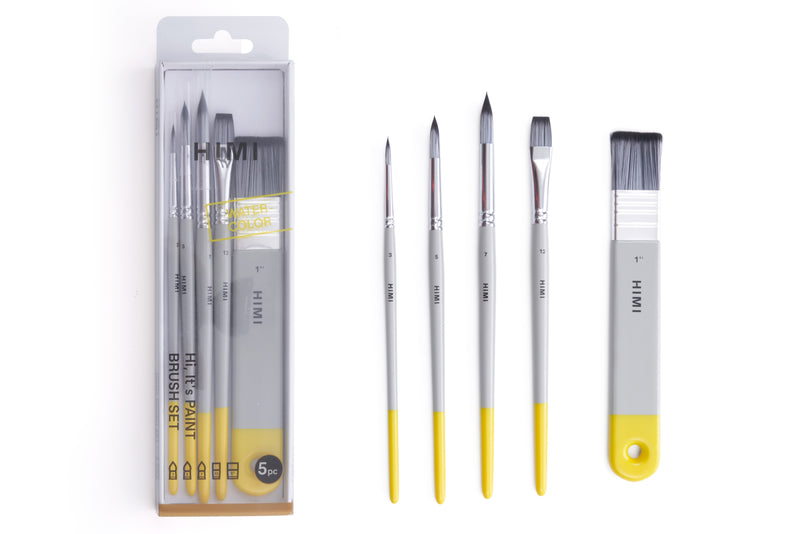 5pcs Artist Watercolour Brush Set by Himi-  3x round + 1 flat + 1 broad flat brush high quality Nylon Bristles