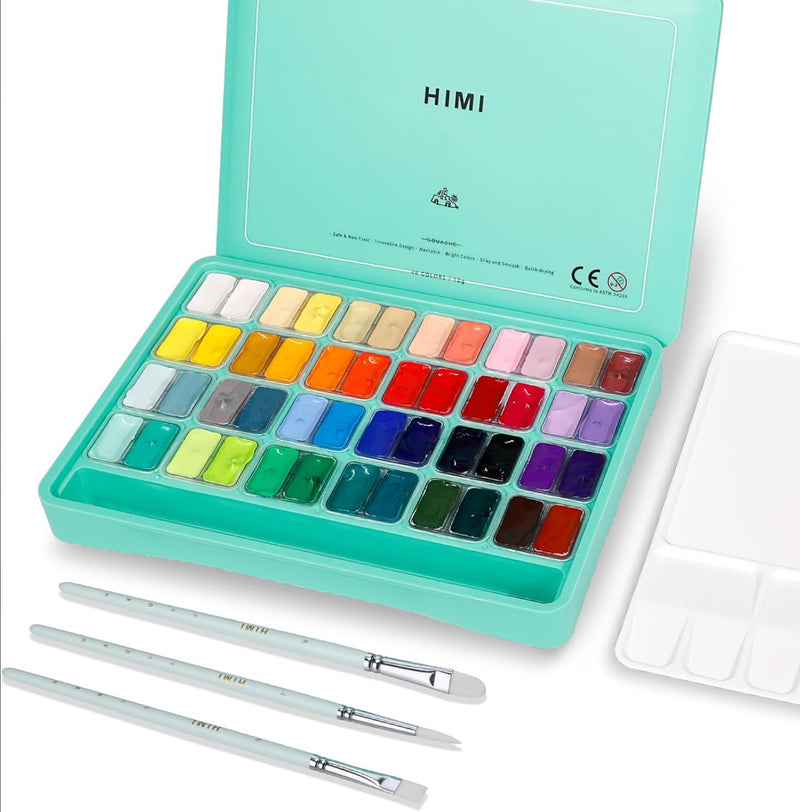 HIMI Gouache Twin 48 Paint Set, 48 Colors x 12ml with 3 Brushes & Palette, Unique Jelly Cup Design, Non-Toxic, Guache Paint for Canvas Watercolor Paper - Perfect for Beginners, Students, Artists