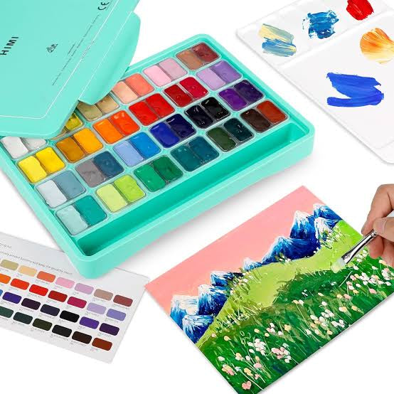 HIMI Gouache Twin 48 Paint Set, 48 Colors x 12ml with 3 Brushes & Palette, Unique Jelly Cup Design, Non-Toxic, Guache Paint for Canvas Watercolor Paper - Perfect for Beginners, Students, Artists