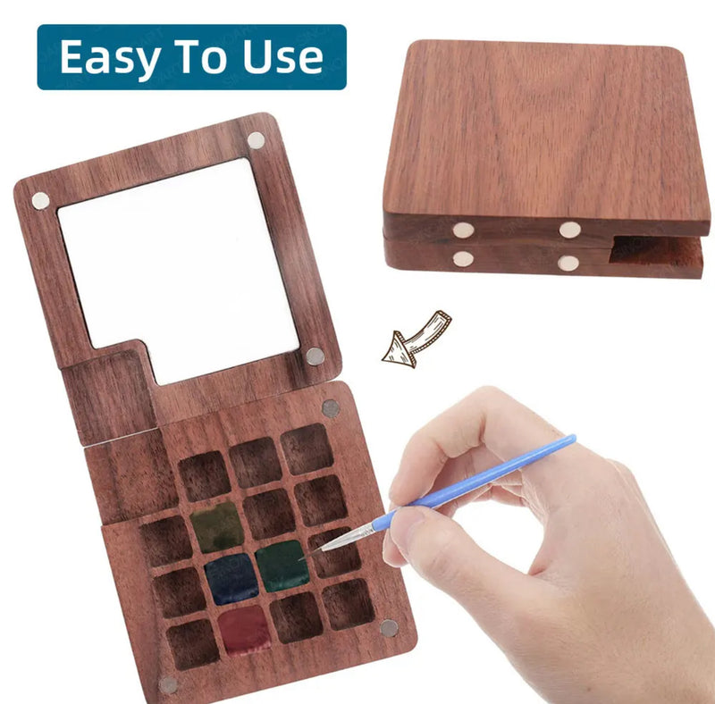 Portable Watercolor Palette, Mini Travel Paint Palette with Clip, Hands free pocket wooden mini-palette