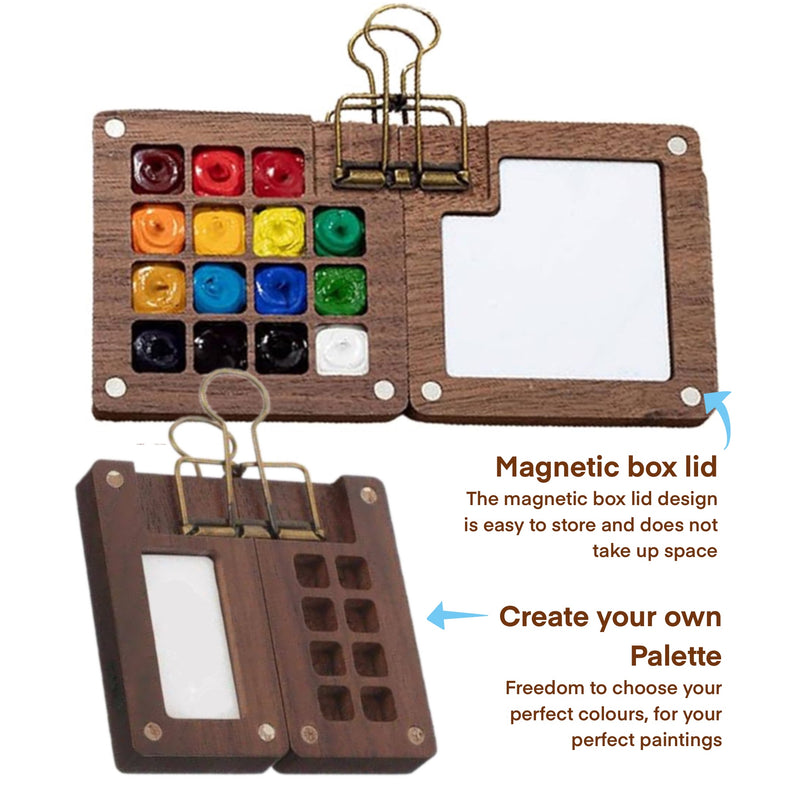 Portable Watercolor Palette, Mini Travel Paint Palette with Clip, Hands free pocket wooden mini-palette