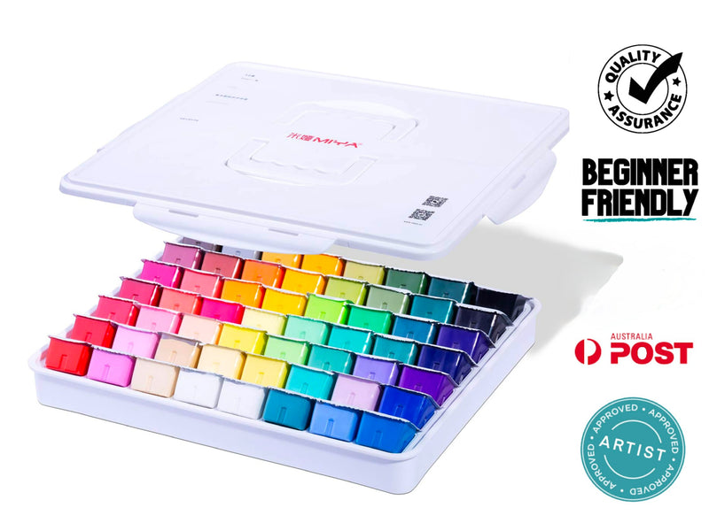 MIYA Gouache 56 Paint Set, 56 Colors x 30ml/1oz White Case Unique Jelly Cup Design, Non-Toxic, Gouache Paint for Canvas Watercolor Paper - Perfect for Beginners, Students, Artists