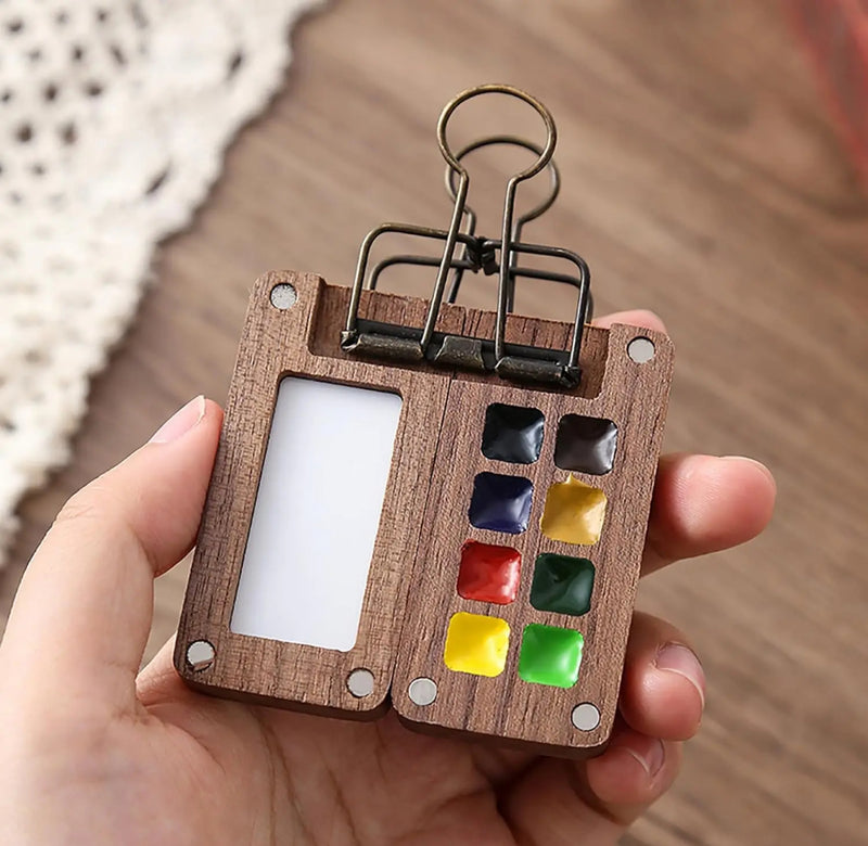 Portable Watercolor Palette, Mini Travel Paint Palette with Clip, Hands free pocket wooden mini-palette