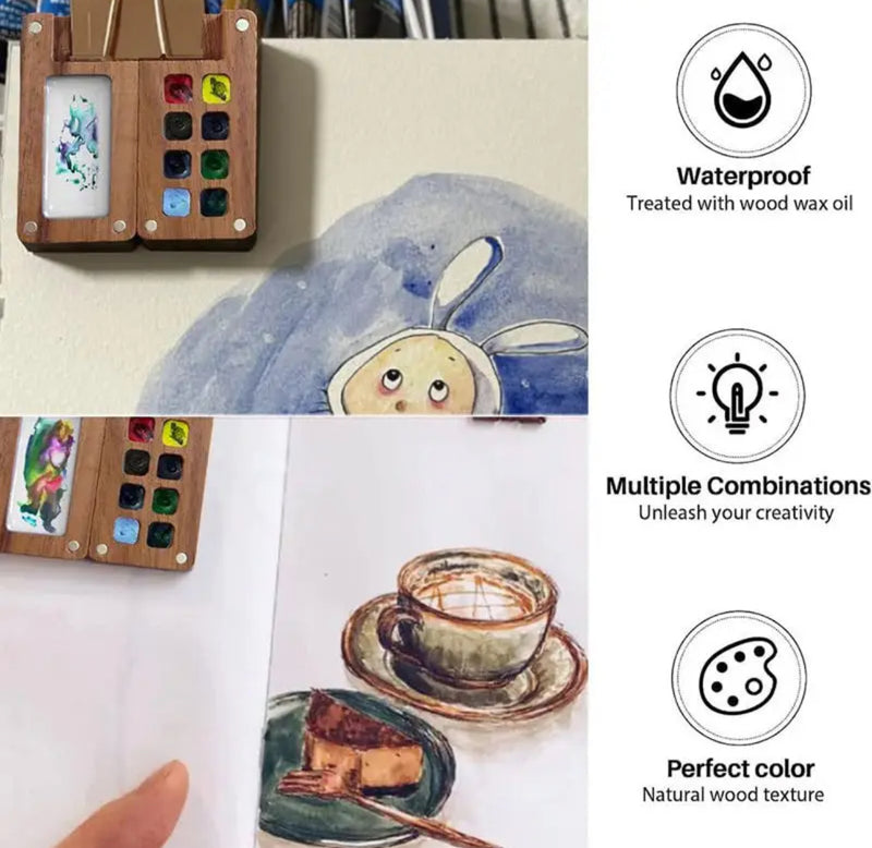 Portable Watercolor Palette, Mini Travel Paint Palette with Clip, Hands free pocket wooden mini-palette