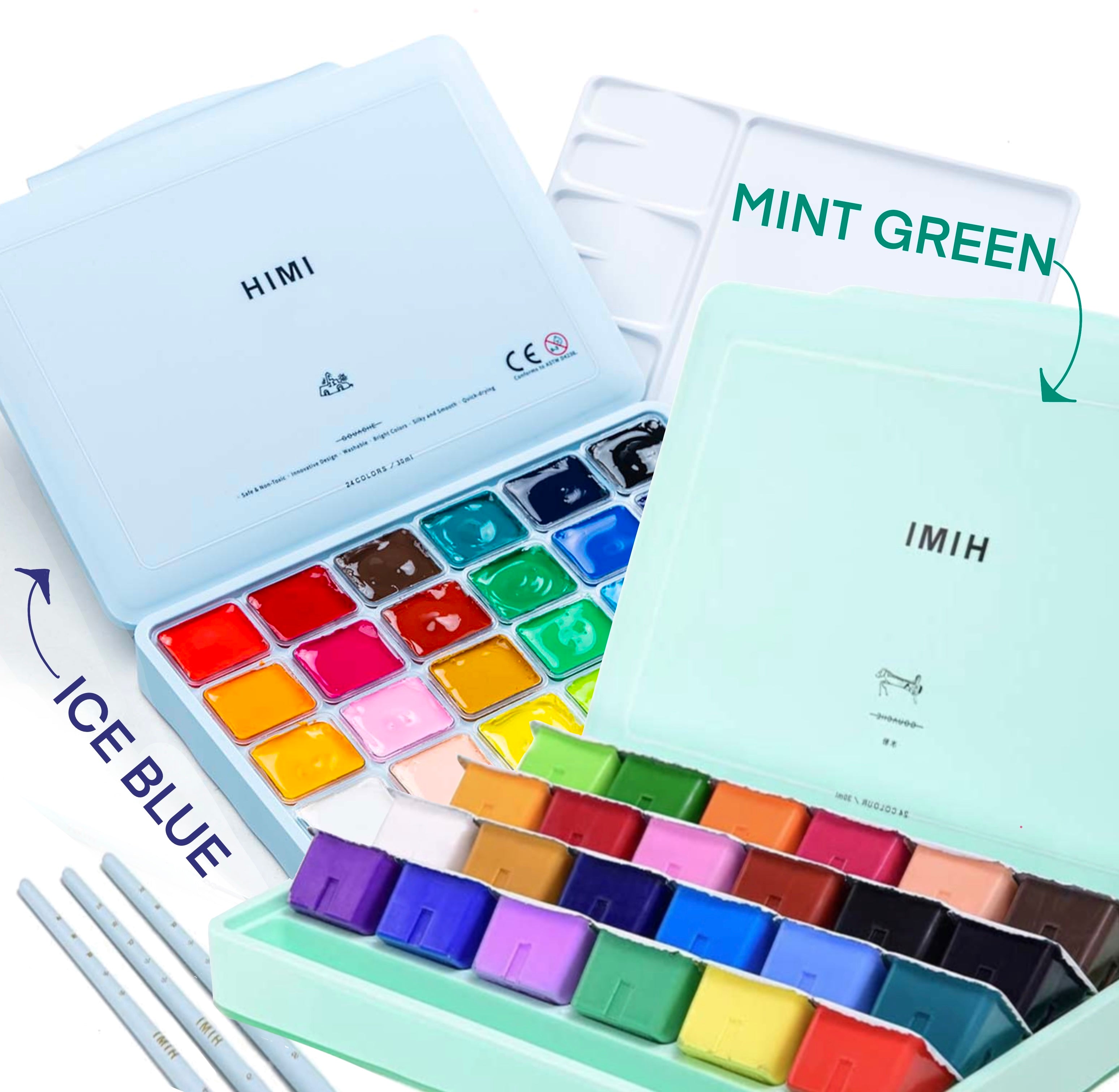 HIMI Gouache 24 Paint Set, 24 Colors x 30ml/1oz with 3 Brushes & Palet