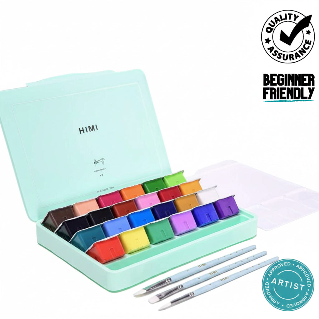 HIMI Gouache 24 Paint Set, 24 Colors x 30ml/1oz with 3 Brushes & Palet