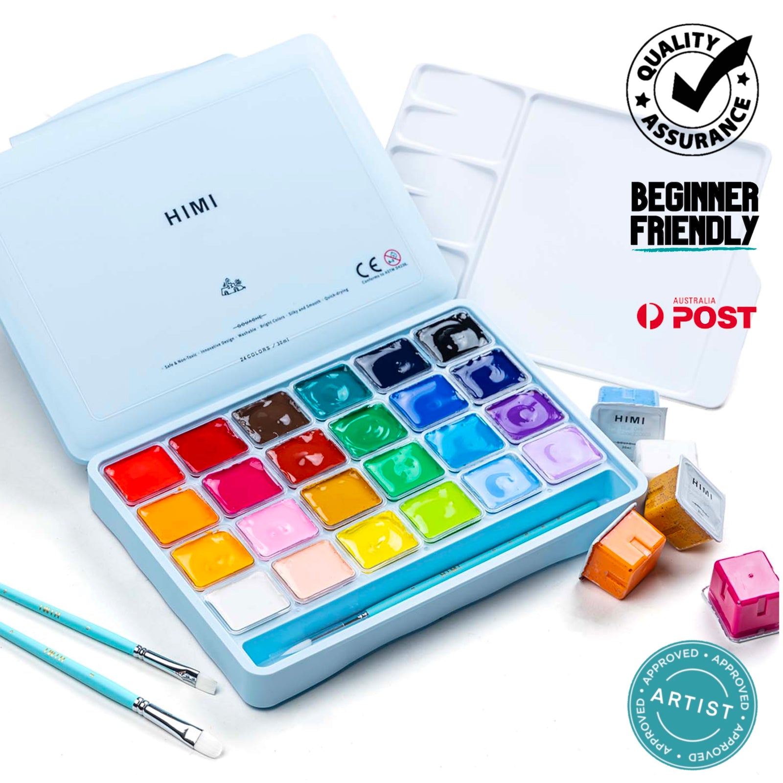 HIMI Gouache 24 Paint Set, 24 Colors x 30ml/1oz with 3 Brushes & Palet